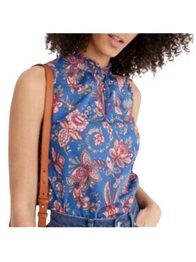 J.Crew X Liberty London Blue Belle Floral Sleeveless Ruffle Neck Blouse Size 2